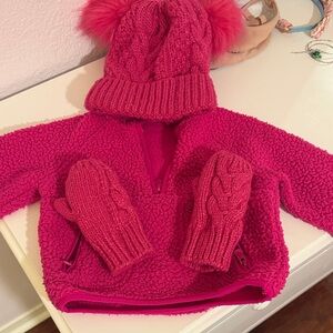 GAP Kids Bright Fuchsia Knit Pom Hat & Cable Mittens Set